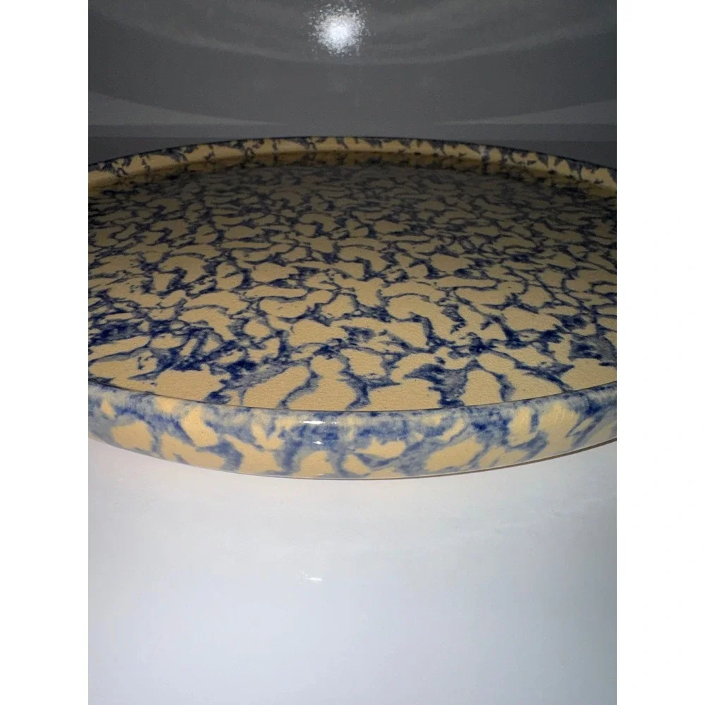 Vintage RRP USA Stoneware Pizza Pan 12 Blue Sponge Tan Yellowware Baking Stone